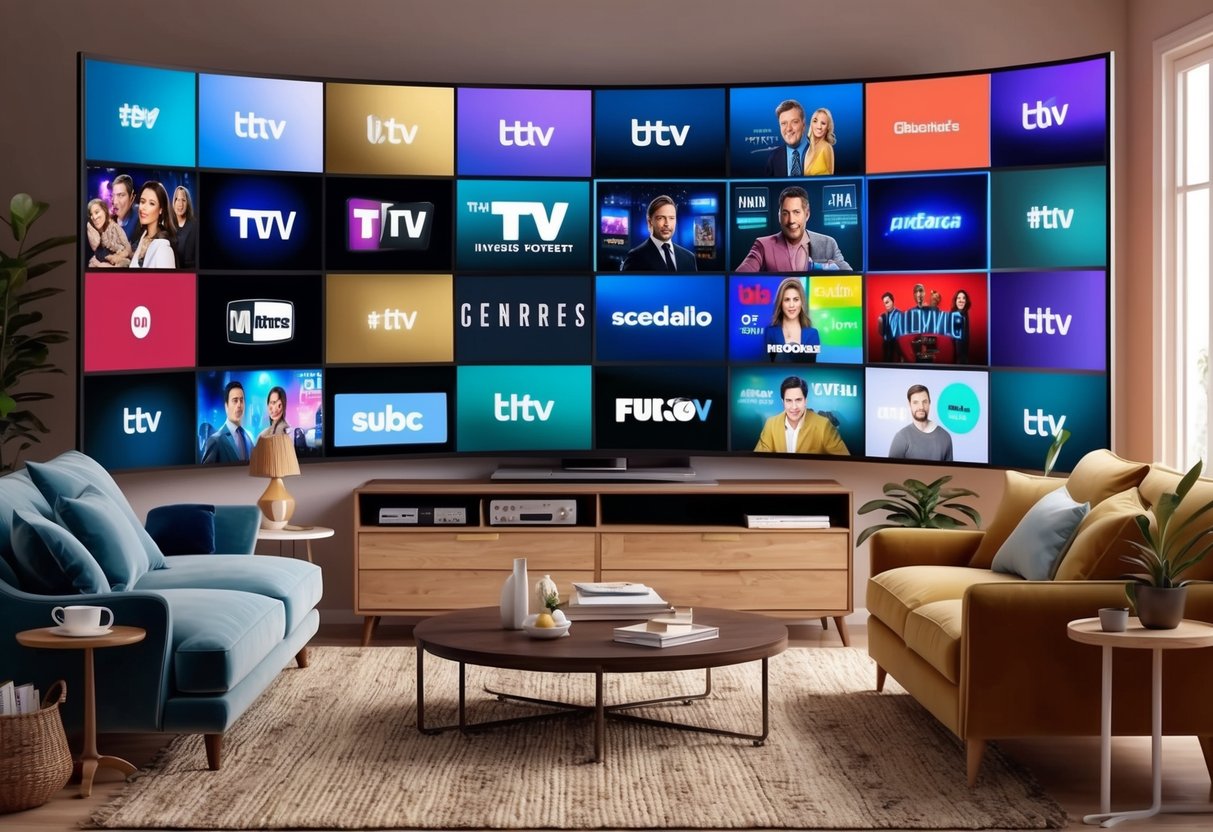 A cozy living room with a variety of TV genres displayed on the screen, reflecting different moods and personalities