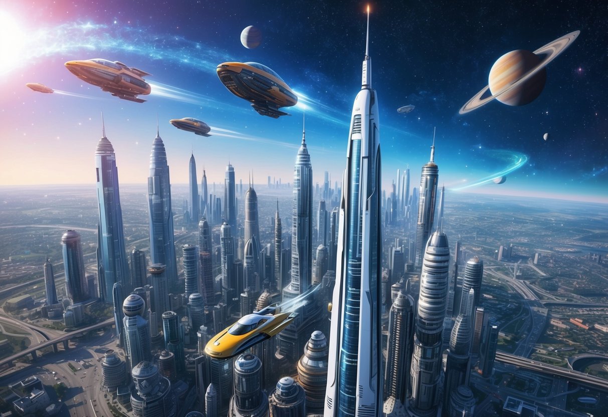 A futuristic cityscape with towering skyscrapers and flying vehicles zipping through the air, surrounded by a galaxy of stars and planets