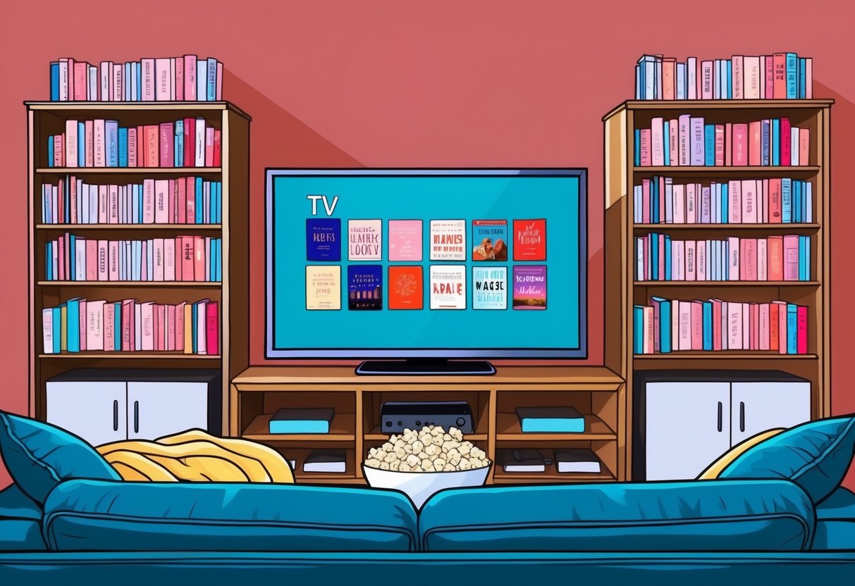 A cozy living room with a big screen TV and shelves filled with romance novels. A couple of plush blankets and a bowl of popcorn complete the scene
