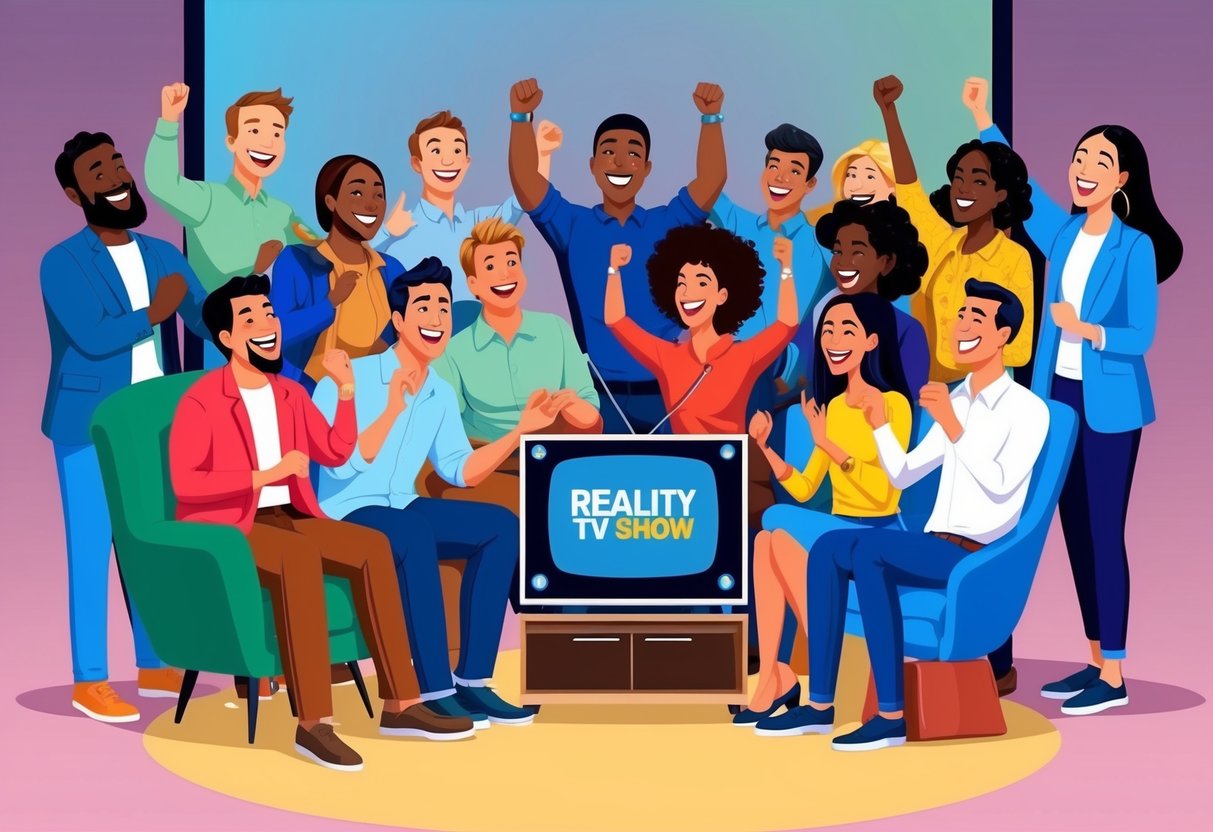 A diverse group of people gathered around a large TV, laughing and cheering as they watch a reality TV show