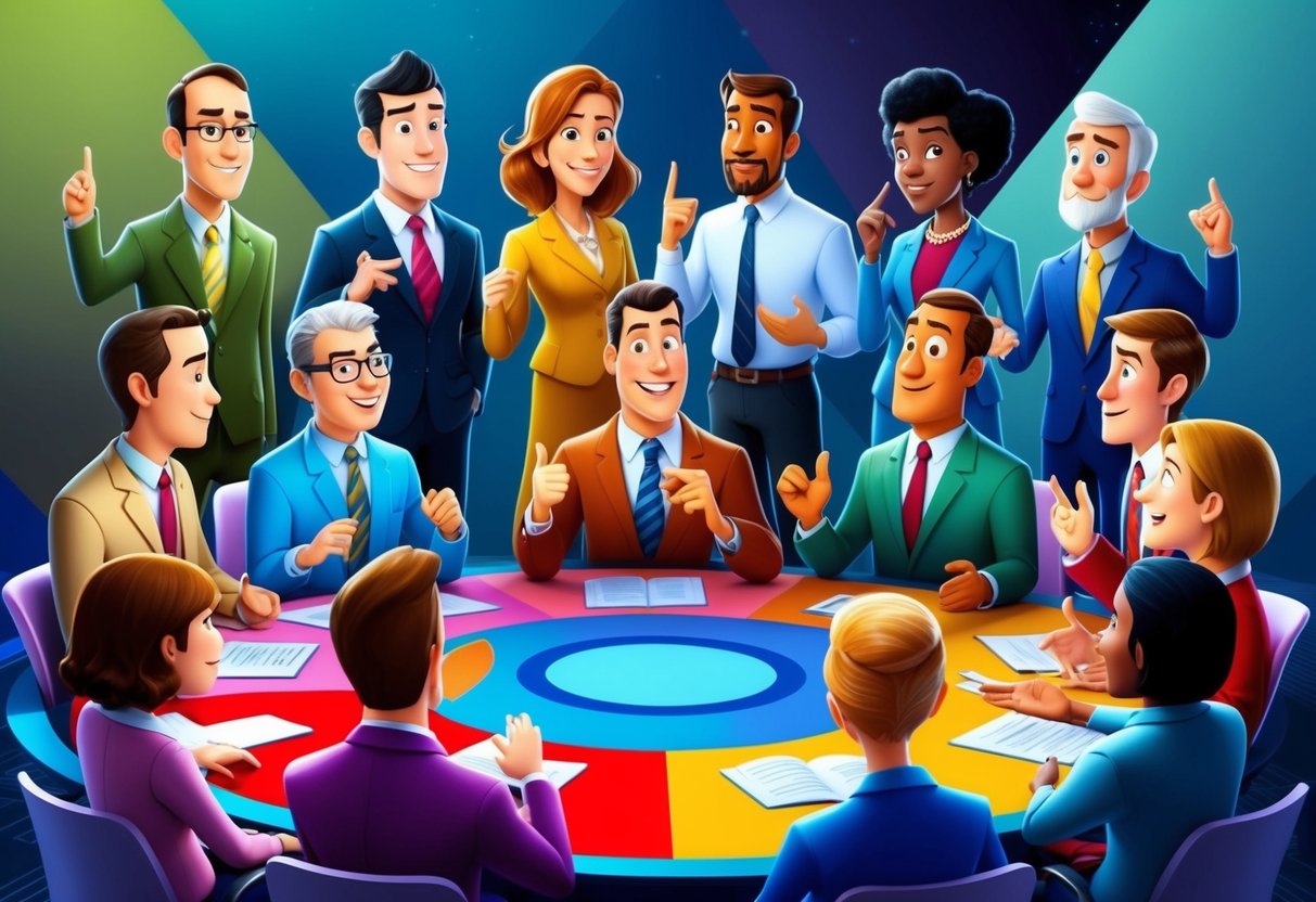 A diverse group of animated characters engage in lively discussions and debates on a colorful and dynamic set, reflecting various moods and personalities