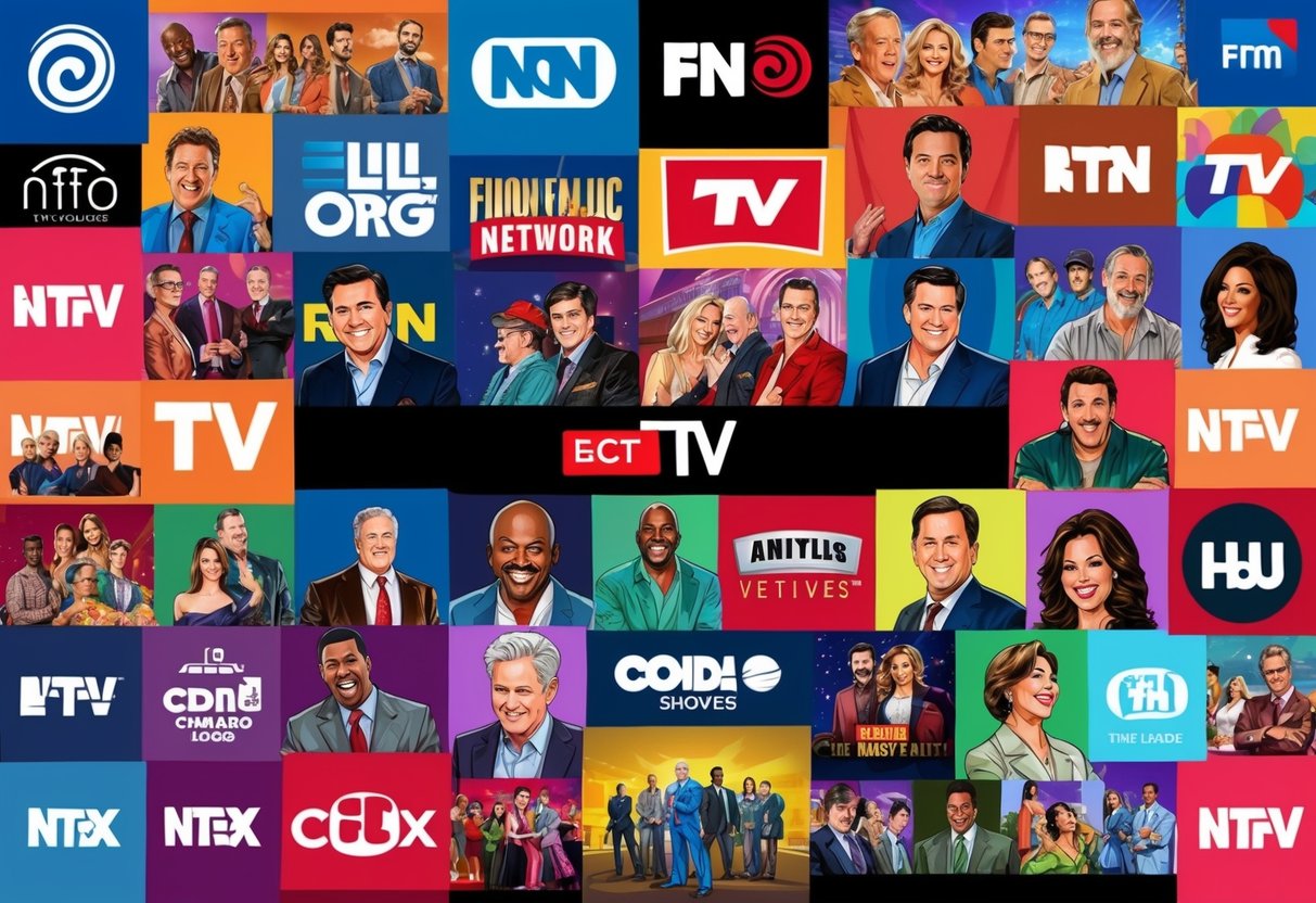 A colorful collage of TV network logos and iconic scenes from popular shows