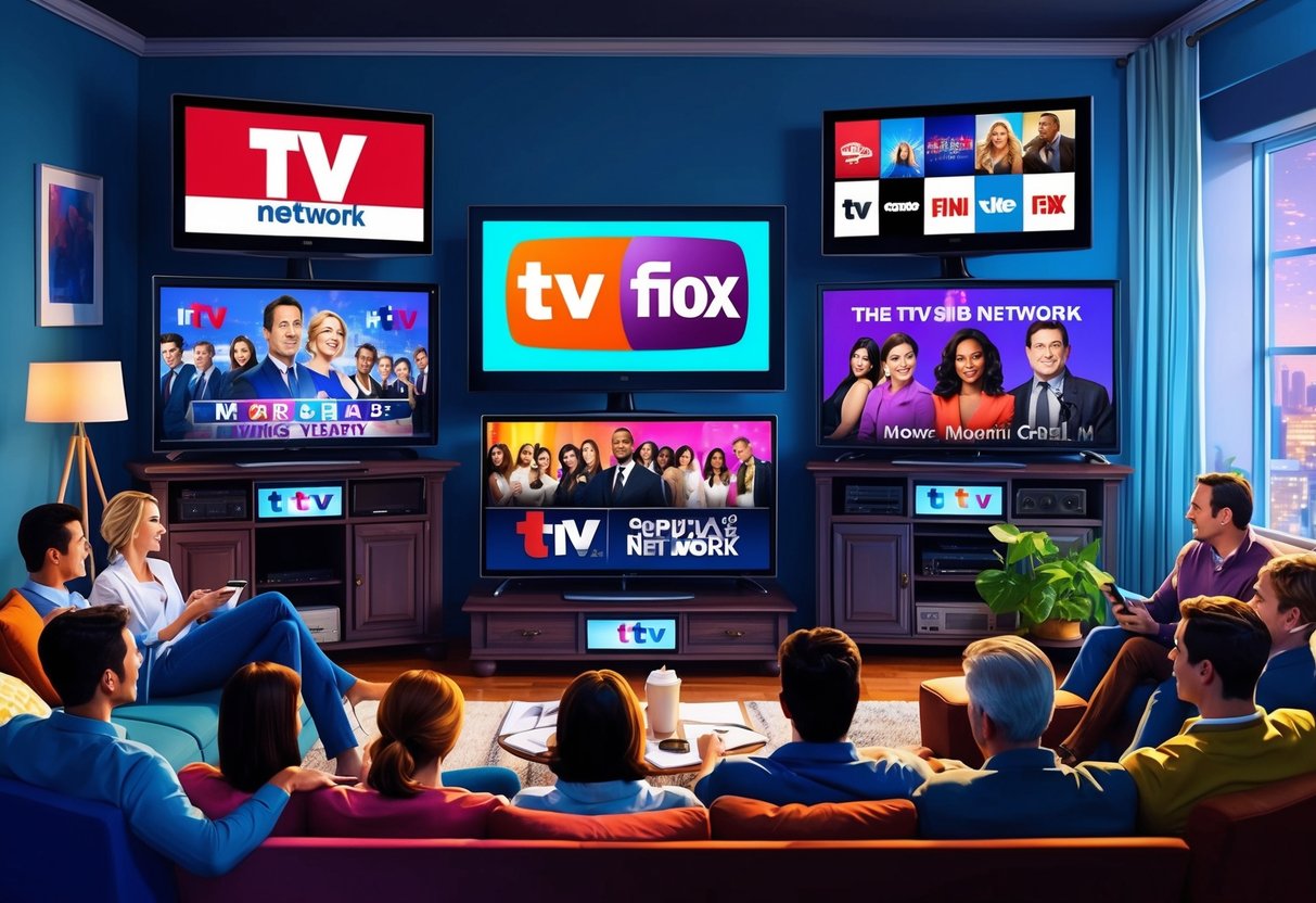 A crowded living room with multiple TVs showing different popular TV network logos and scenes from hit shows