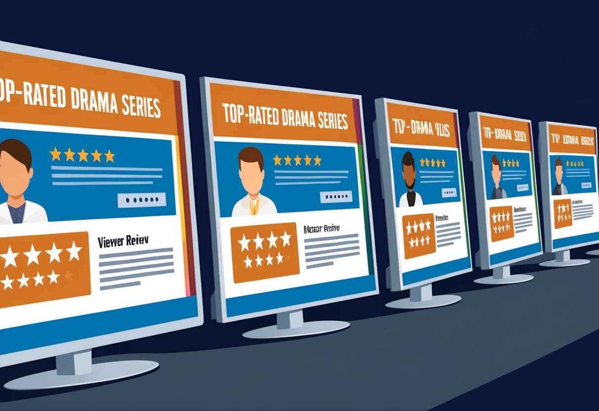 A row of TV screens displaying top-rated drama series with viewer reviews and ratings