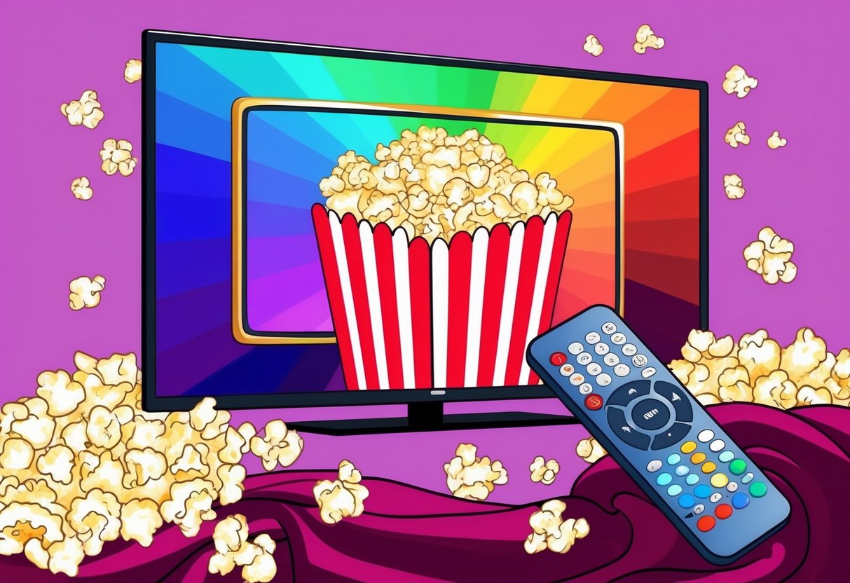 A colorful TV screen surrounded by popcorn, a remote, and a cozy blanket