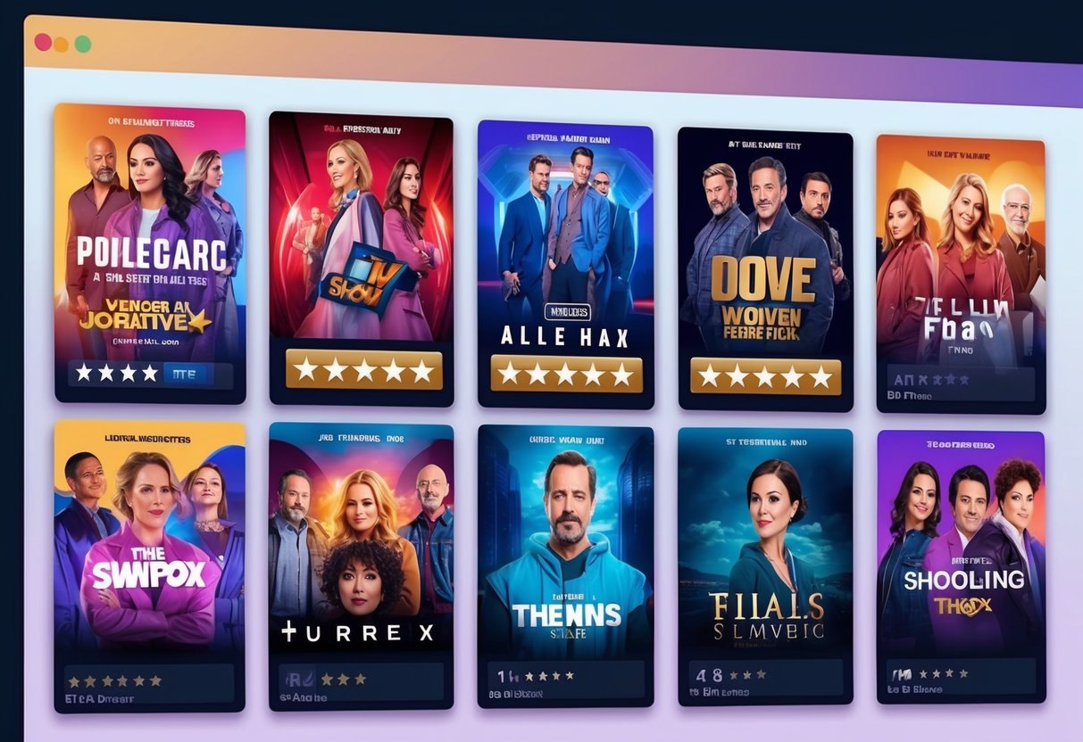 A collection of TV show posters displayed on a digital streaming platform with star ratings and viewer reviews