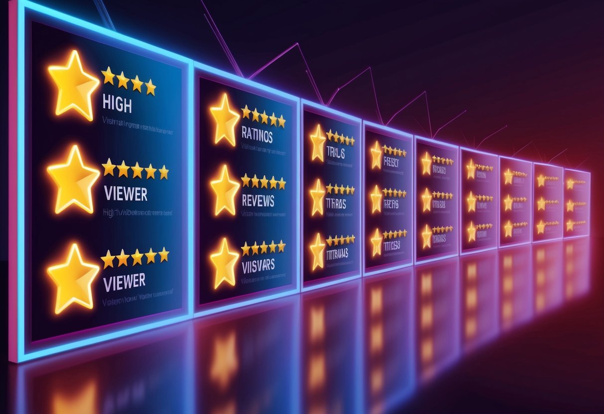 A row of glowing TV screens with high ratings and viewer reviews displayed