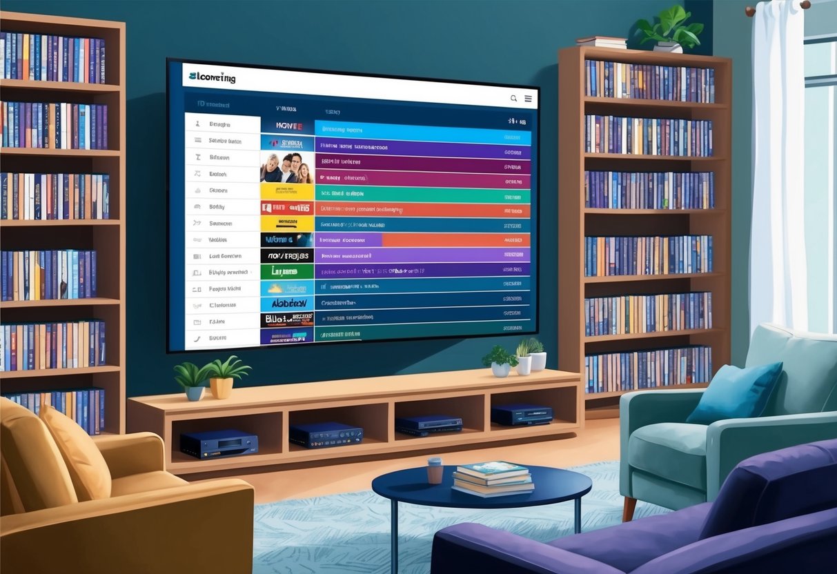 A cozy living room with a large flat-screen TV displaying a list of top-rated TV shows on various streaming platforms, surrounded by comfortable seating and shelves of DVDs and Blu-rays