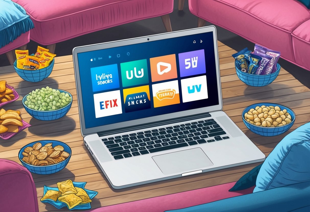 A cozy living room with a laptop or TV screen displaying a variety of streaming platforms, surrounded by snacks and a comfortable seating area