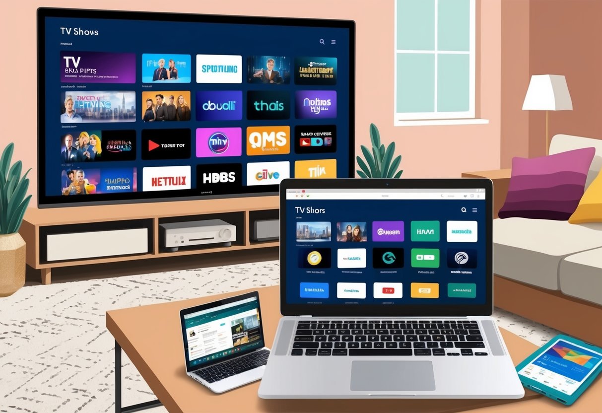 A cozy living room with a large TV screen displaying various streaming options for TV shows. An open laptop sits on the coffee table, showing different websites and apps