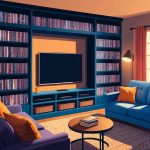A cozy living room with a dimly lit TV screen surrounded by shelves of DVDs and a comfortable couch for binge-watching underrated TV shows