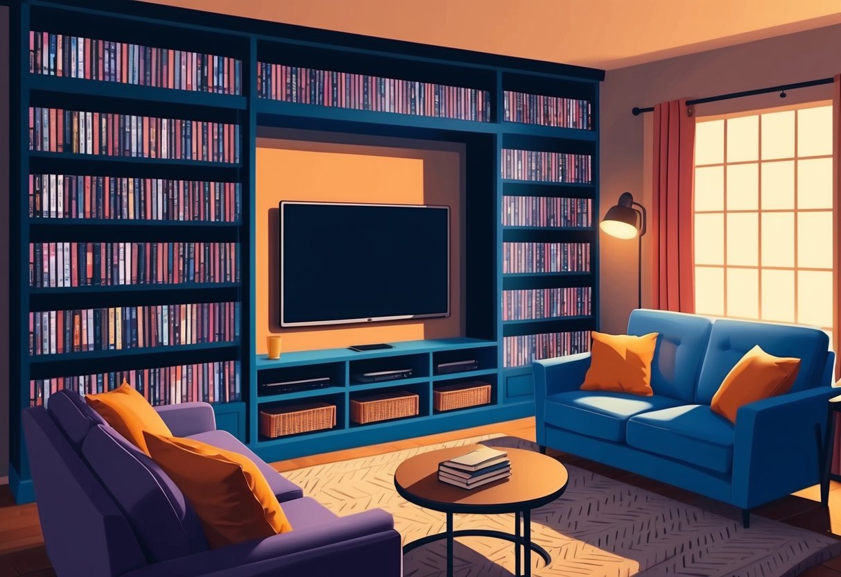 Feature image A cozy living room with a dimly lit TV screen surrounded by shelves of DVDs and a comfortable couch for binge-watching underrated TV shows