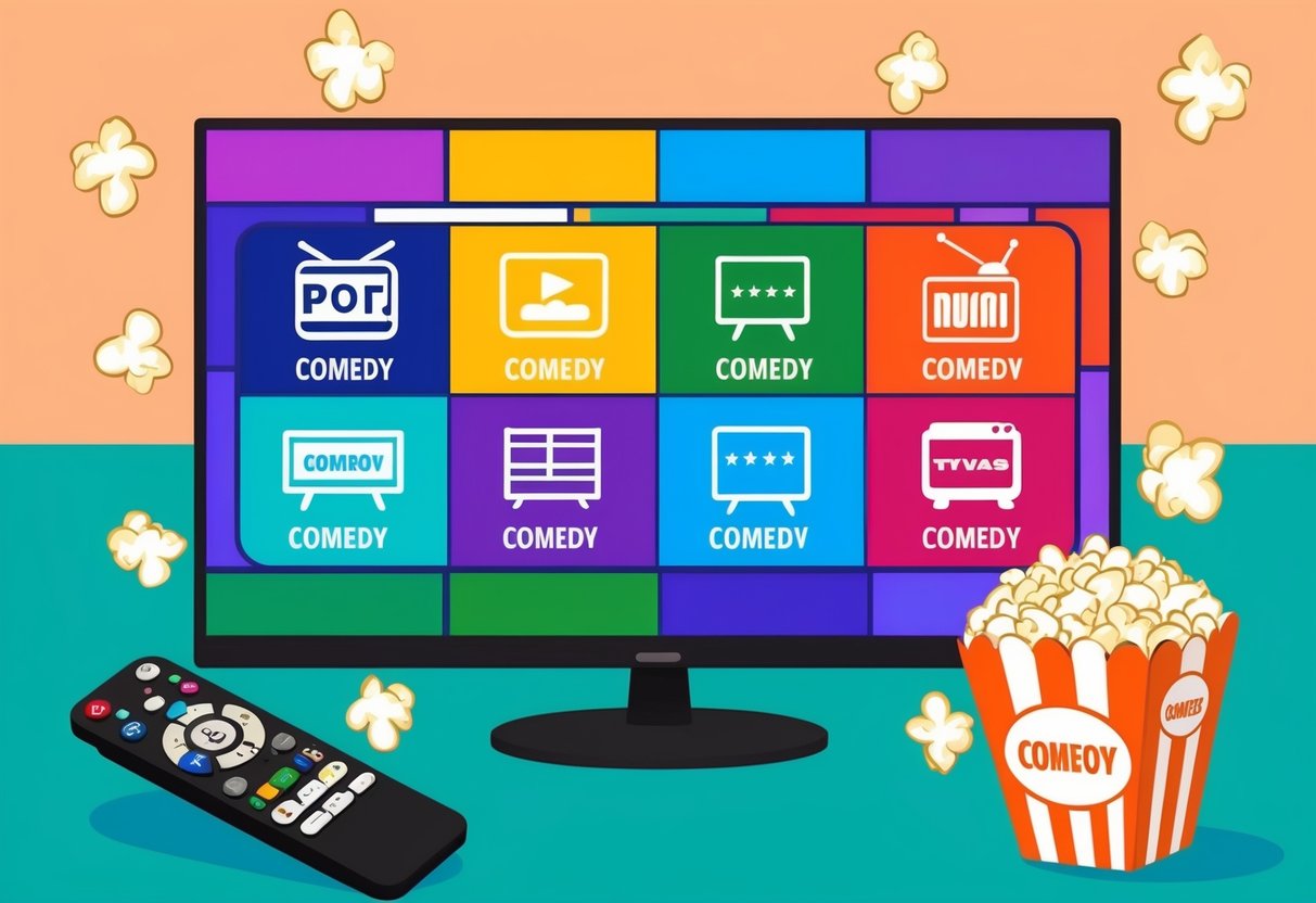 A colorful TV screen with various genre icons, each representing a different comedy TV show, surrounded by popcorn and a remote control