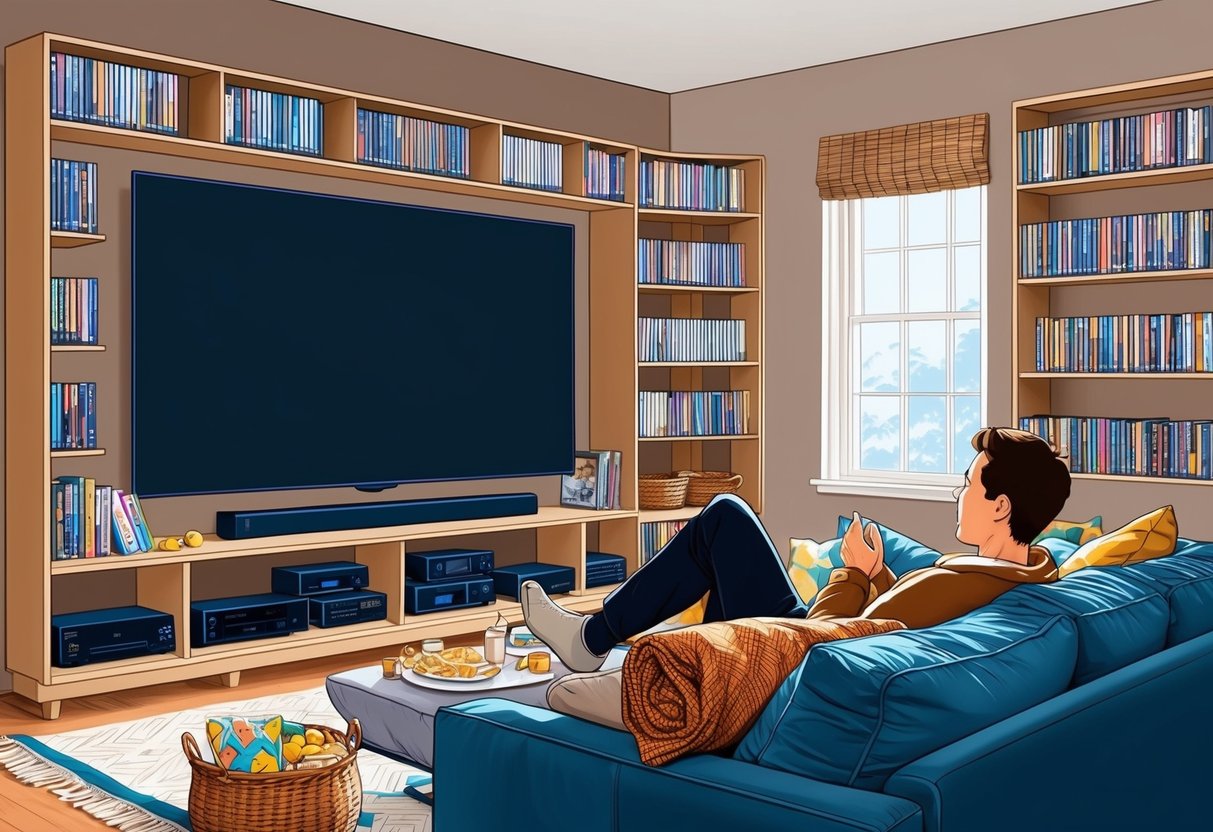 A cozy living room with a large TV screen and shelves filled with DVDs and streaming devices. A person relaxes on a comfortable couch, surrounded by blankets and snacks, engrossed in a captivating documentary series