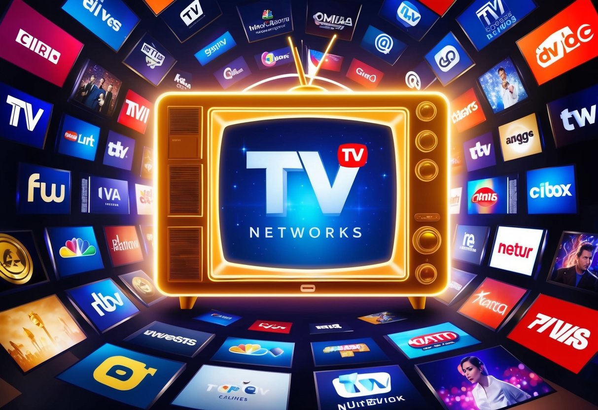 A glowing television set surrounded by iconic logos of top TV networks, showcasing scenes from award-winning shows