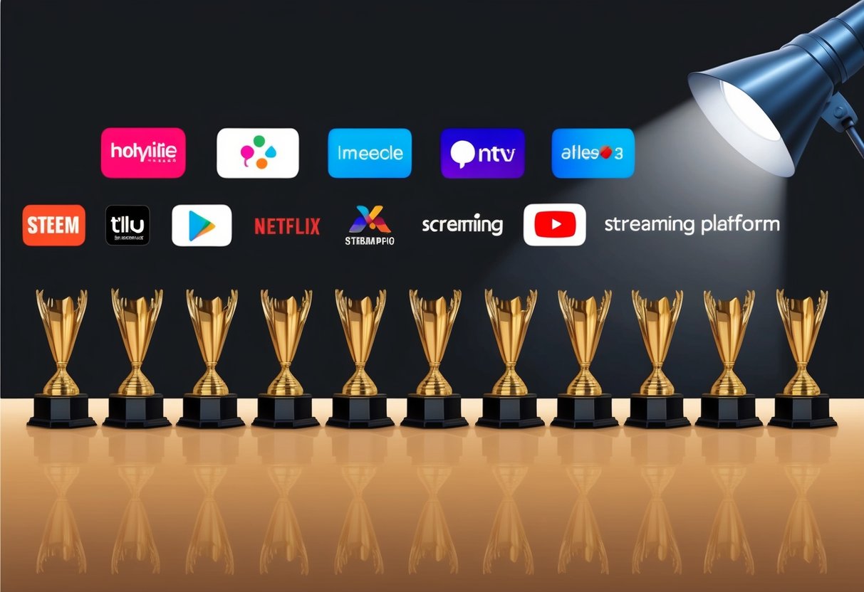 A colorful array of streaming platform logos arranged in a row, with award trophies and a spotlight shining on them