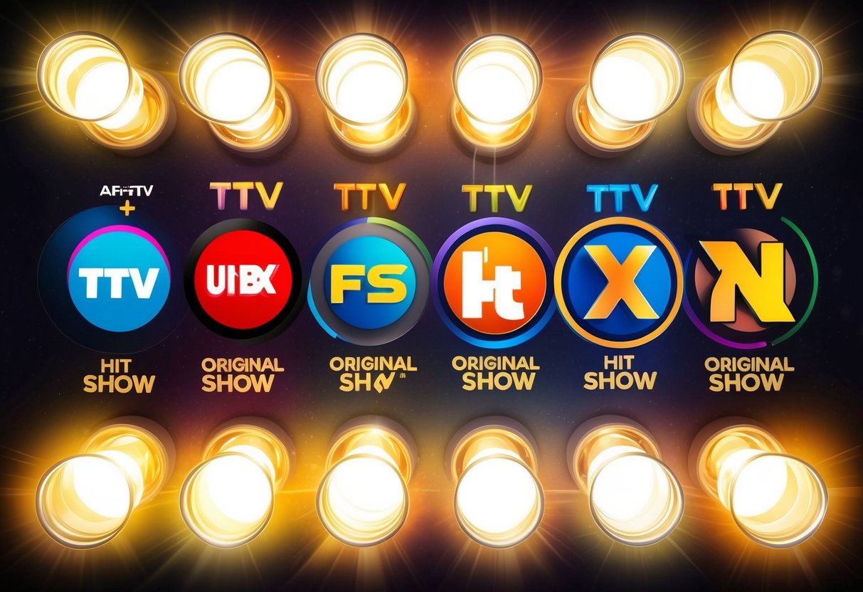 A colorful lineup of TV network logos surrounded by glowing spotlights, with each logo representing a hit original show