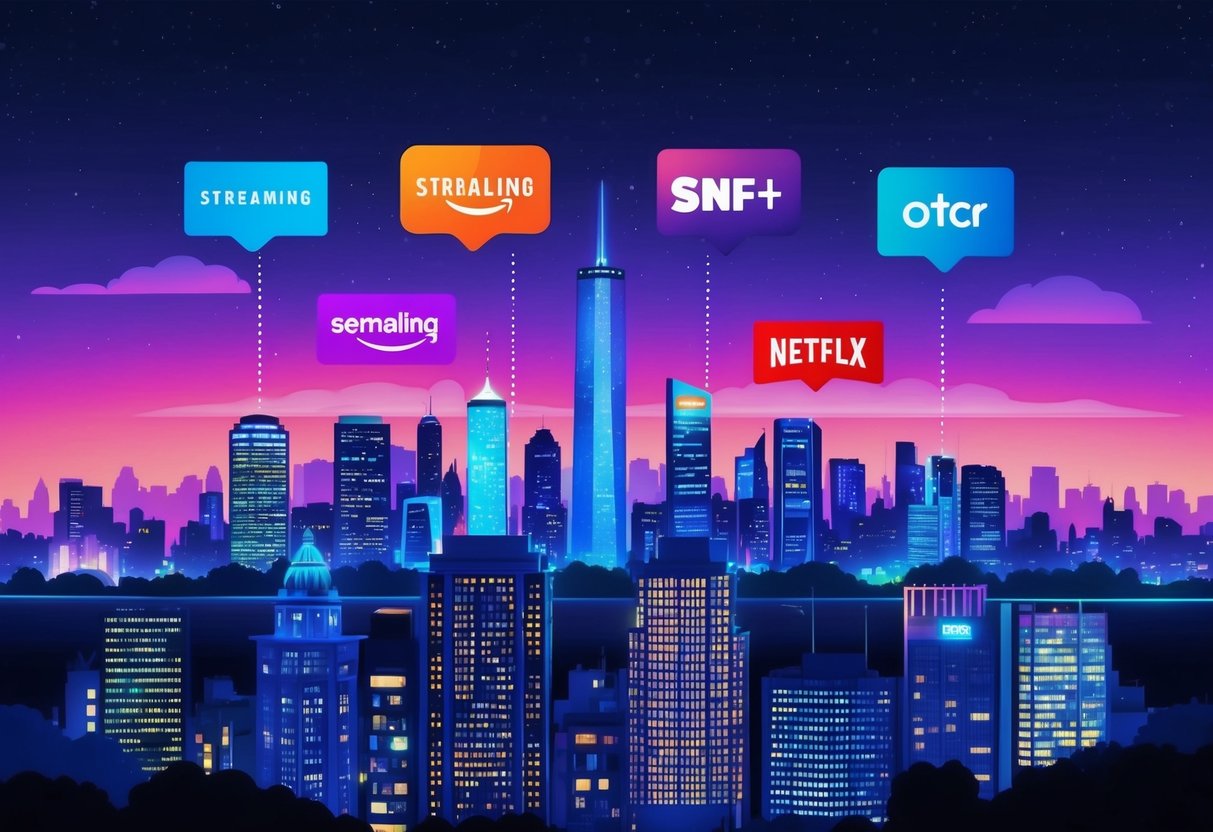 A vibrant city skyline with streaming service logos shining brightly in the night sky, showcasing the variety of original content available to viewers