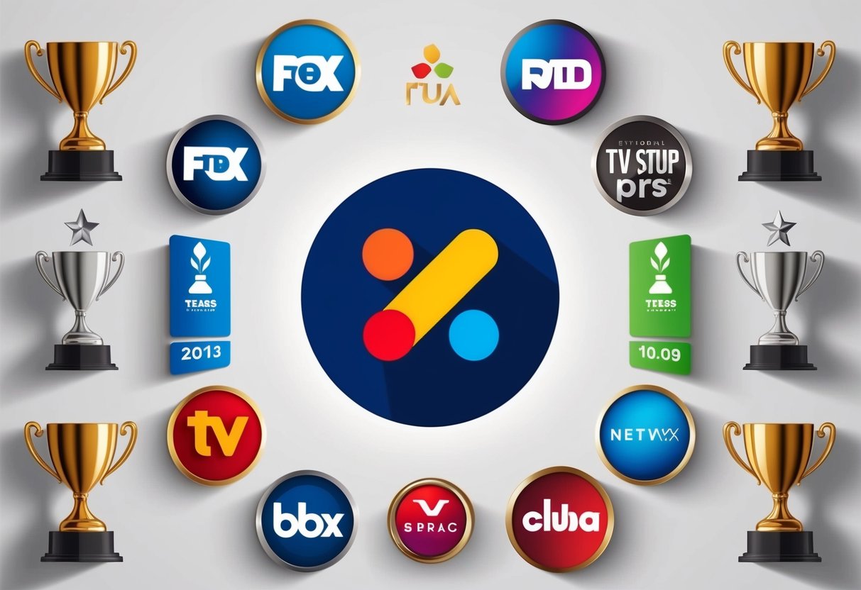 A colorful streaming platform logo surrounded by award trophies and TV network logos