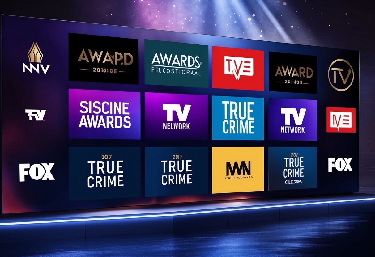 A collection of TV network logos, including awards and true crime categories, displayed on a screen with a dramatic and captivating backdrop