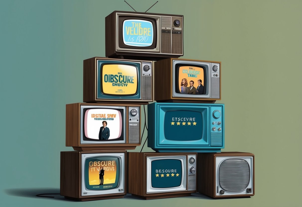 A collection of vintage television sets stacked on top of each other, each displaying the title and poster of a different obscure TV show with high IMDB ratings