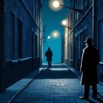 A dark alley with flickering streetlights, casting long shadows. A detective's silhouette stands in the foreground, while a figure lurks in the distance