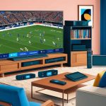 A living room with a large TV displaying a live sports event, surrounded by various streaming devices and remotes