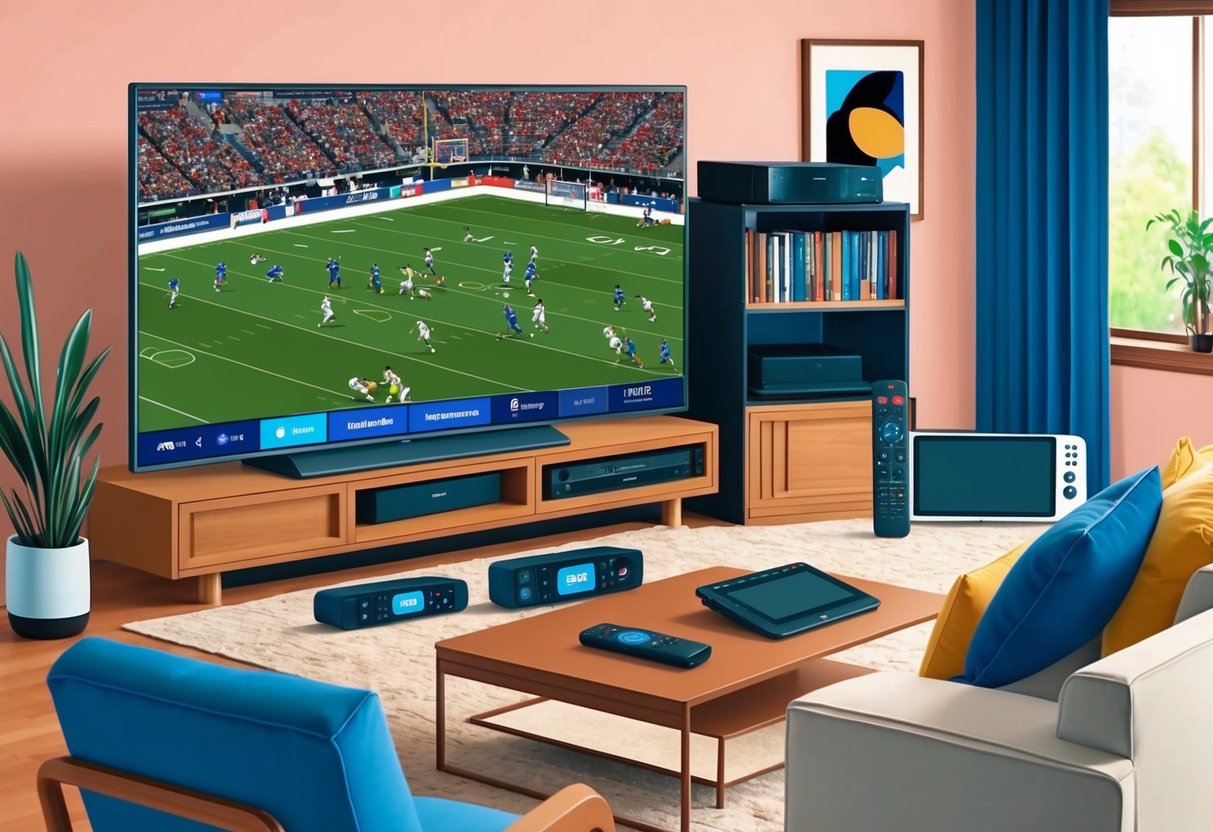 Feature image A living room with a large TV displaying a live sports event, surrounded by various streaming devices and remotes