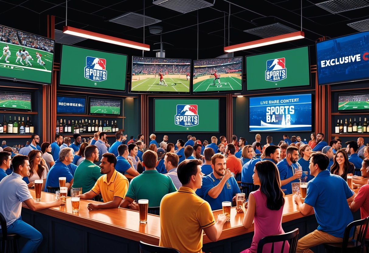 A crowded sports bar with multiple TV screens showing live games and exclusive content on leading networks