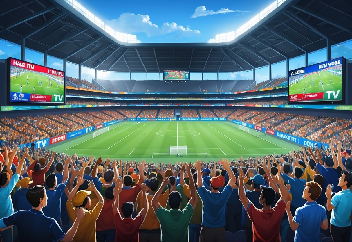 A crowded stadium with fans cheering, giant screens showing live sports, and banners of major TV networks offering exclusive content