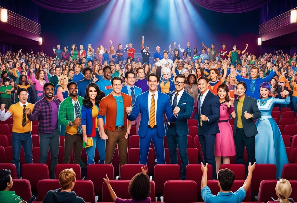 Feature image A group of diverse TV show characters gather in a crowded theater, with fans dressed in cosplay costumes cheering in the audience