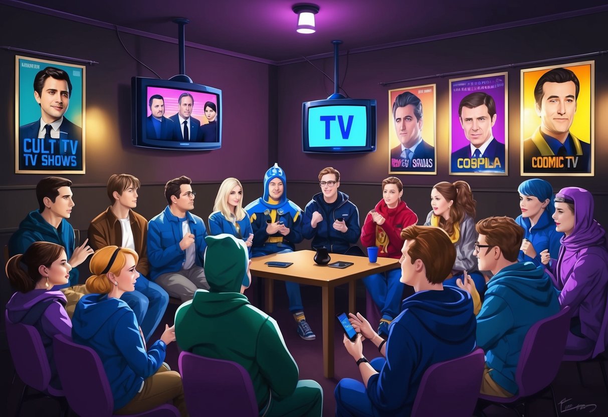 A dimly lit room with flickering TV screens, posters of iconic TV shows, and fans gathered in cosplay costumes, eagerly discussing their favorite cult TV shows