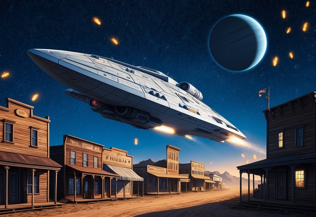 A spaceship glides through a starry sky, resembling an old western town with a futuristic twist. Fireflies flicker around the ship, adding to the otherworldly atmosphere