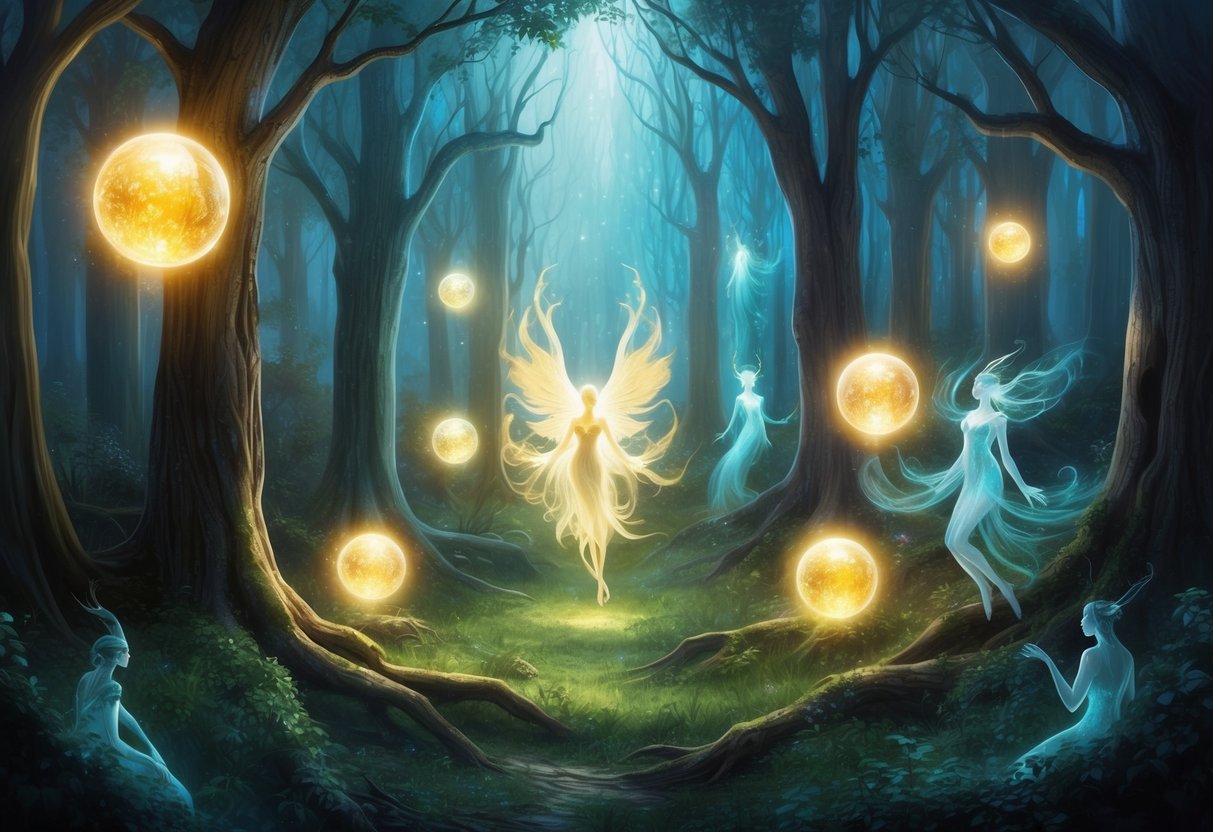 A mystical forest with glowing orbs and ethereal beings floating among the trees, surrounded by an otherworldly aura