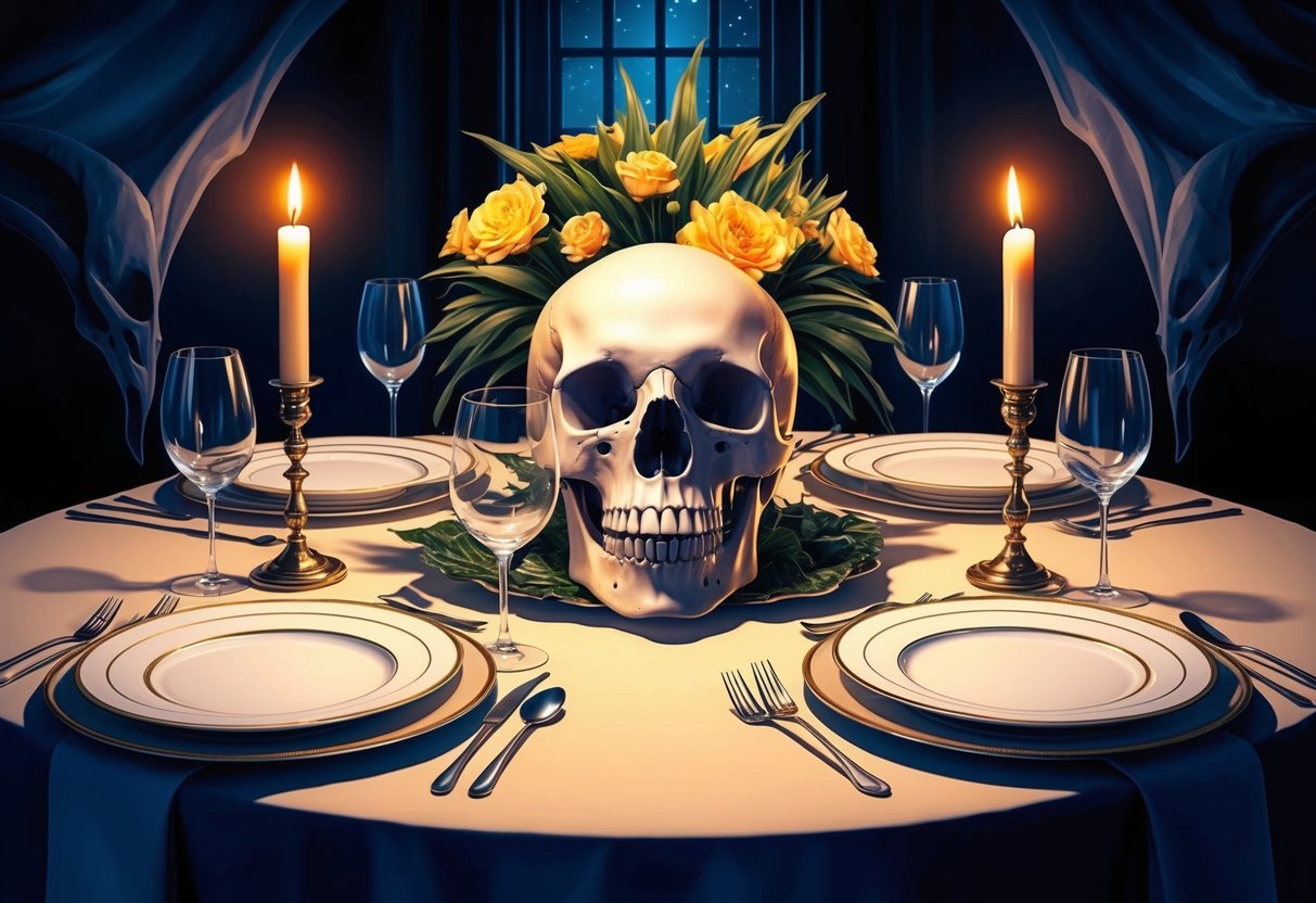 A dinner table set with elegant dishes and a human skull as the centerpiece, surrounded by flickering candlelight and ominous shadows
