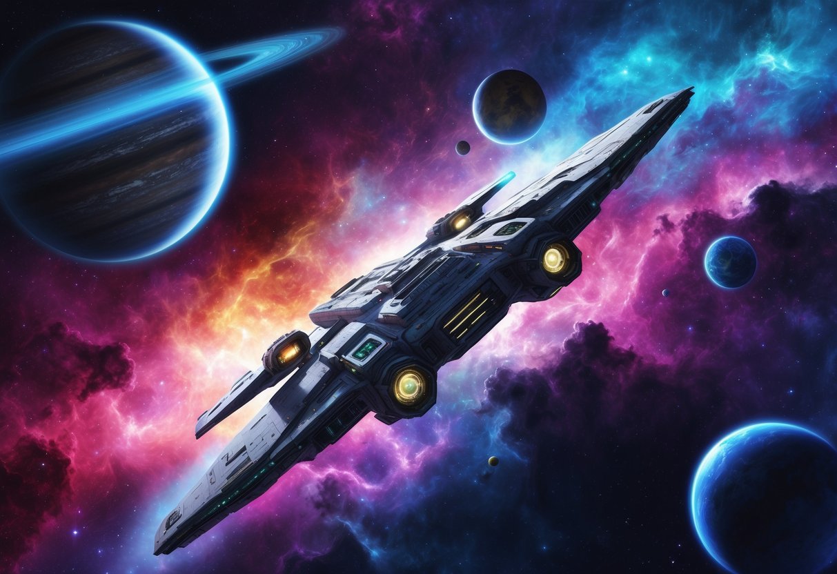 A spaceship flying through a colorful nebula, surrounded by otherworldly planets and celestial bodies