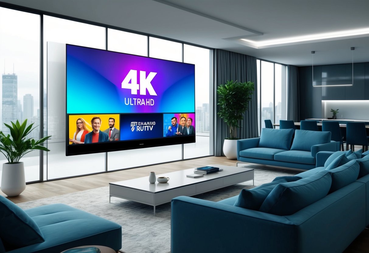 A sleek, modern living room with a large flat-screen TV displaying a vibrant 4K Ultra HD TV show streaming from a leading platform