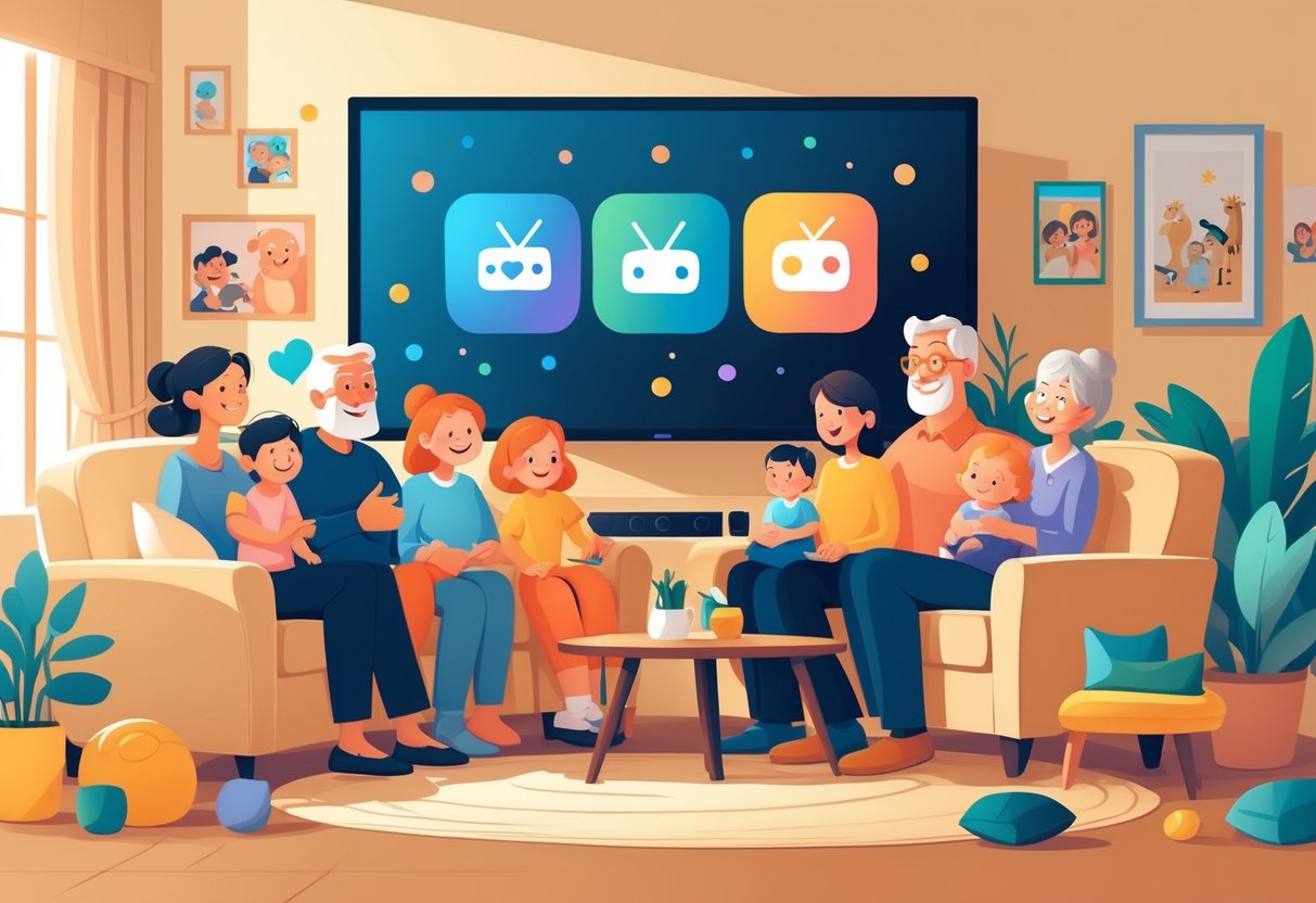 A family of different ages happily watching television together in a cozy living room.