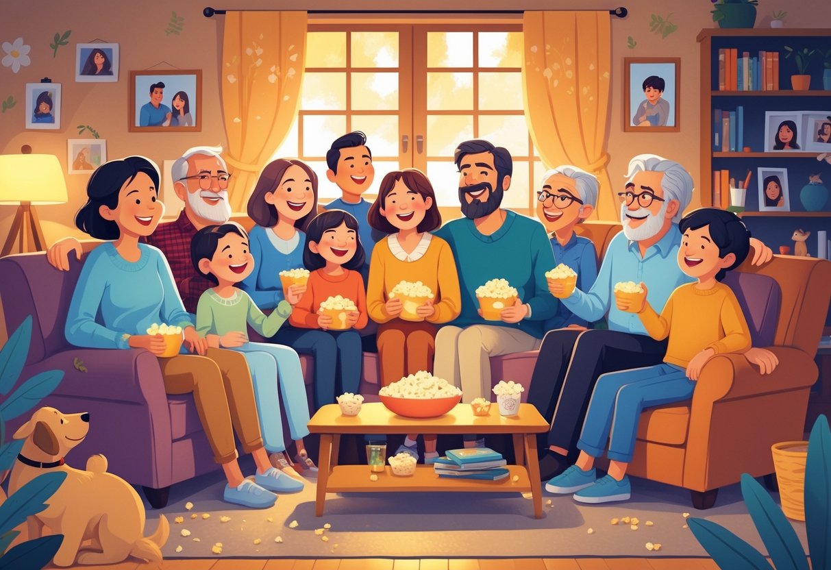 A family of different ages sitting together in a living room, watching TV and enjoying time as a group.