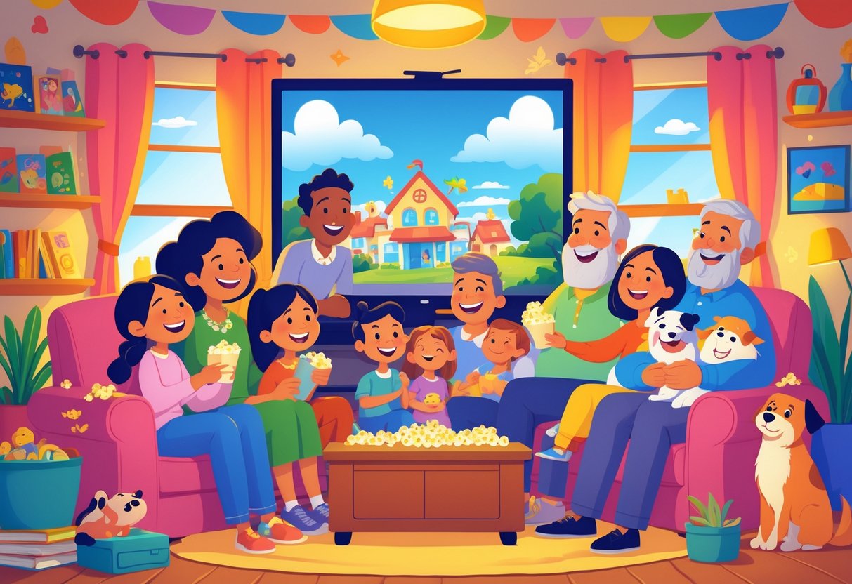 A family of different ages watching an animated show together in a cozy living room, smiling and enjoying each other's company.