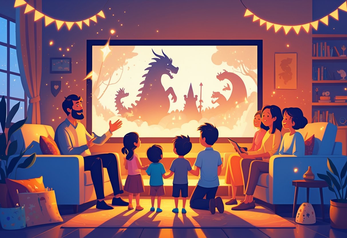 A family of different ages gathered in a living room, watching TV and sharing stories with magical sparks floating around them.