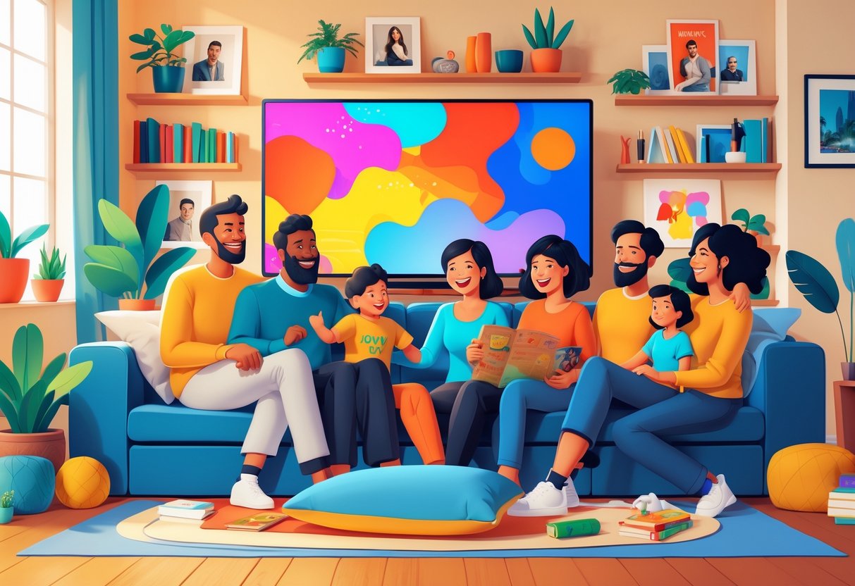 A diverse family happily watching TV together in a cozy living room, sharing smiles and enjoying each other's company.