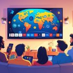 People watching international TV shows on a large screen in a living room with devices showing global streaming apps and a globe with famous landmarks.