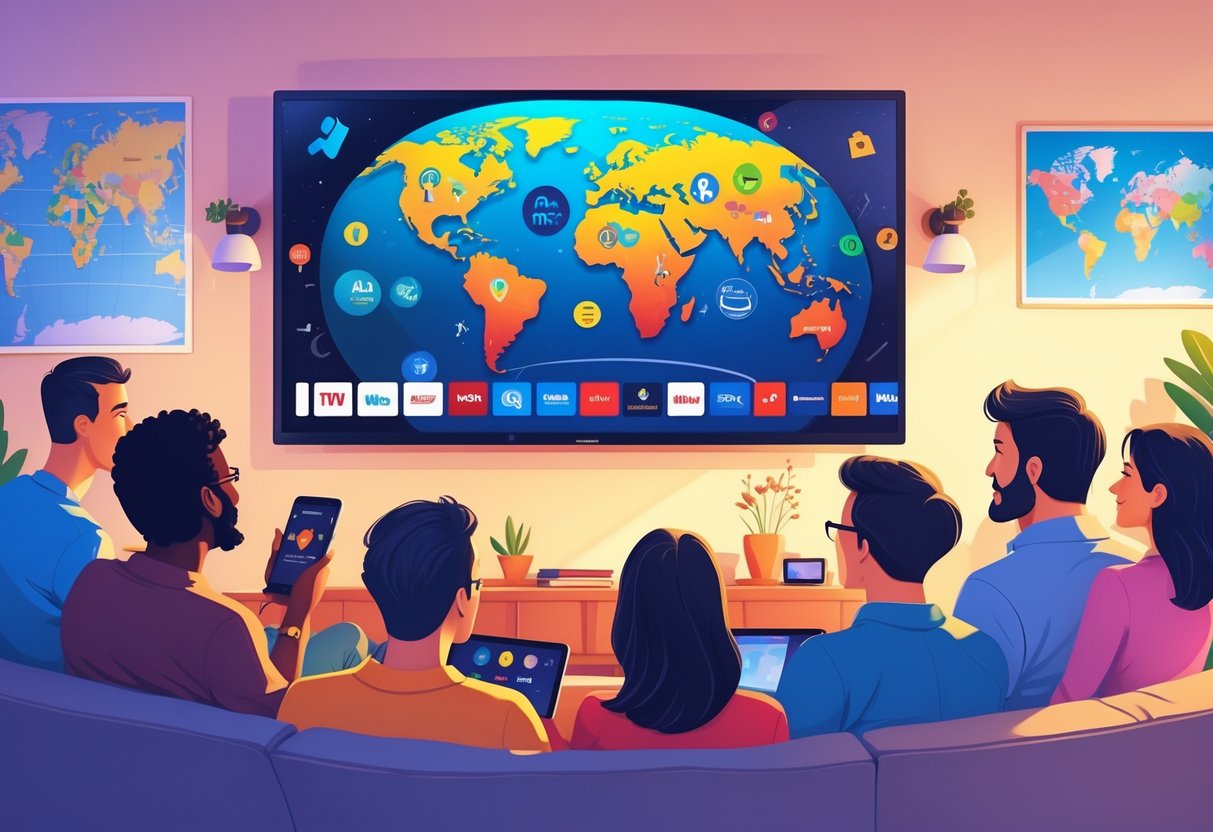 People watching international TV shows on a large screen in a living room with devices showing global streaming apps and a globe with famous landmarks.