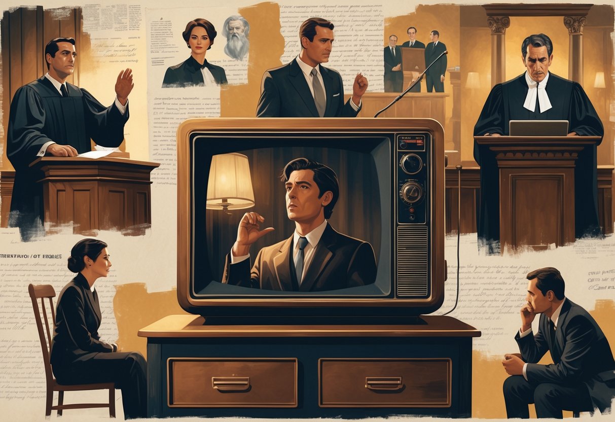 A collage showing a vintage TV with a dramatic scene, surrounded by images of a courtroom, a historical speech, a detective investigating, and a family moment, all set against a background of newspaper clippings and film reels.
