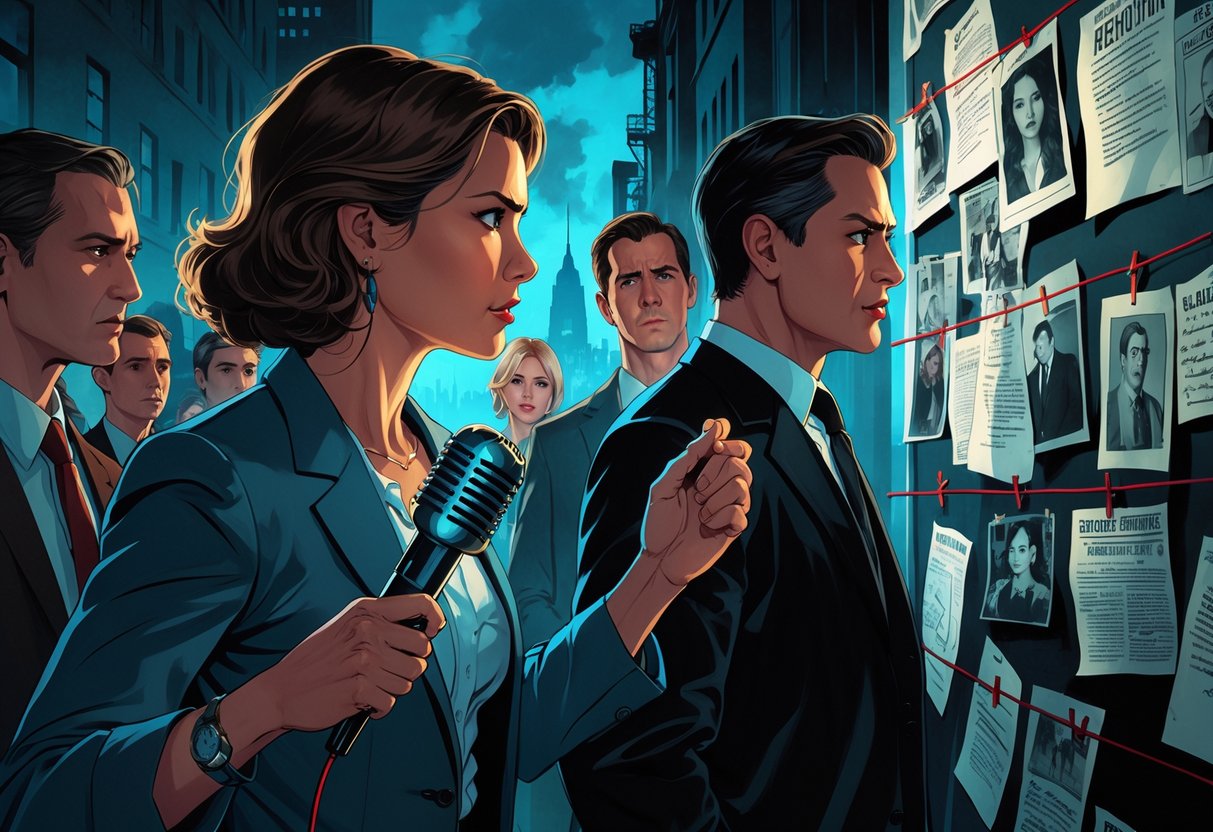 A group of people investigating a real-life mystery with photos and notes on a wall, set in a dim city background.