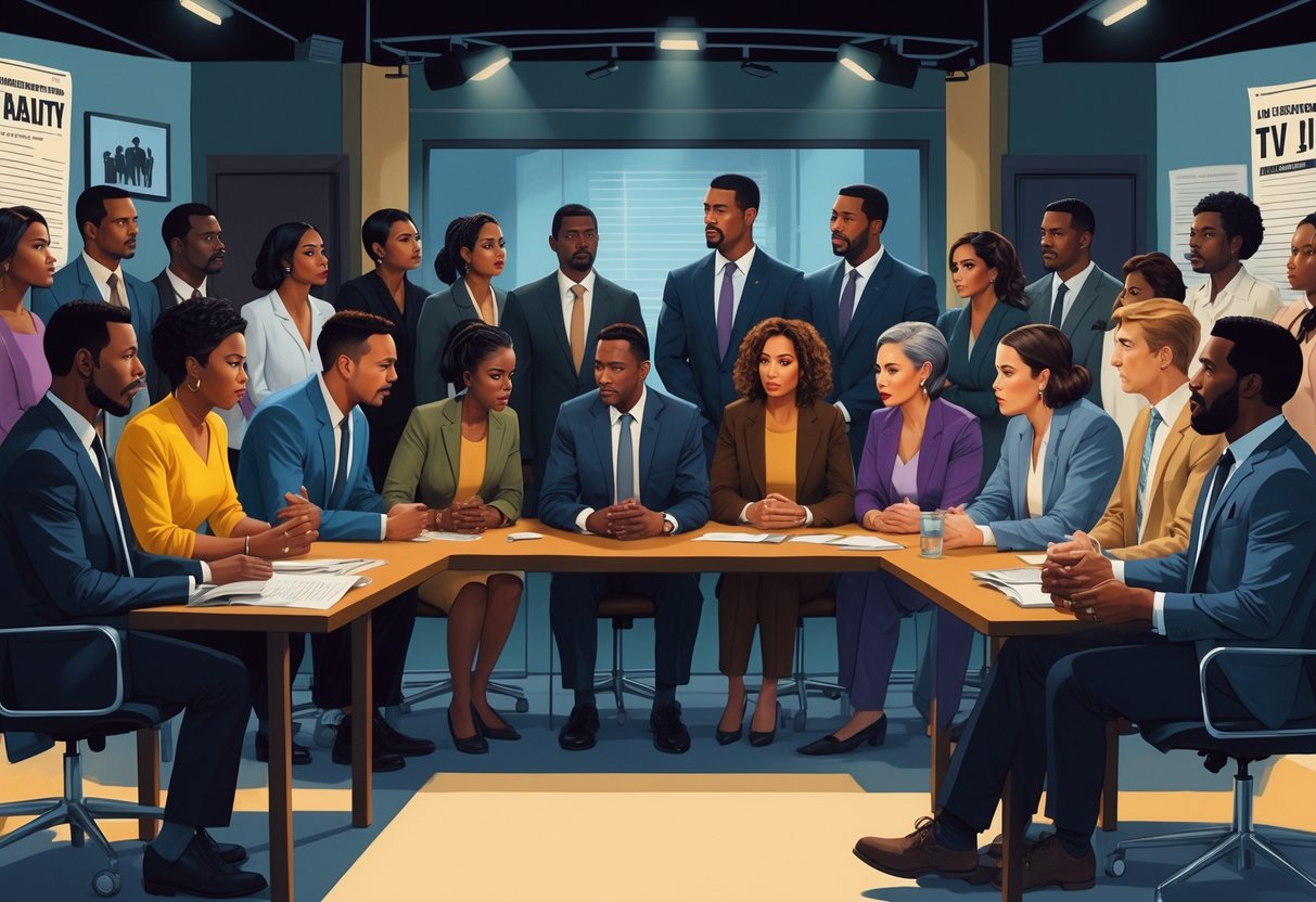 A group of actors performing emotional scenes on a TV show set that portrays social issues inspired by real-life events.