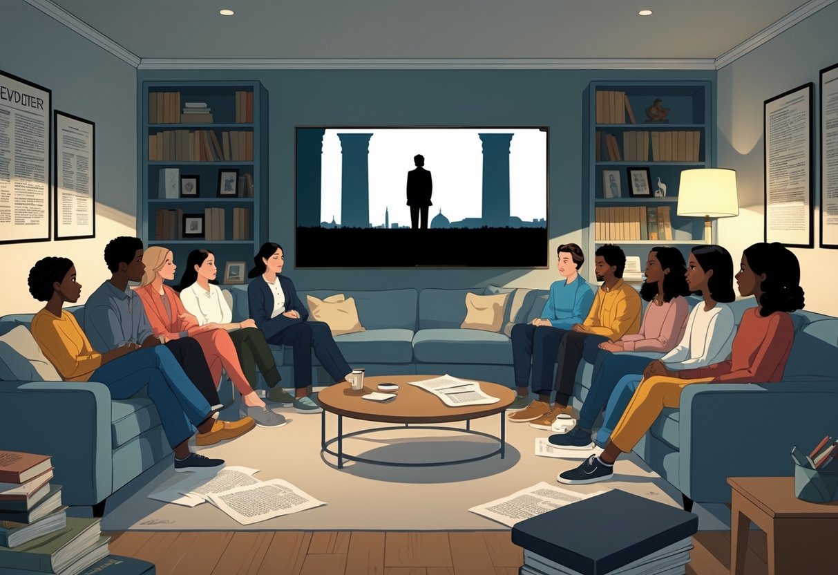 A group of people watching a TV screen showing a dramatic scene inspired by real events in a cozy living room with books and newspaper clippings around.
