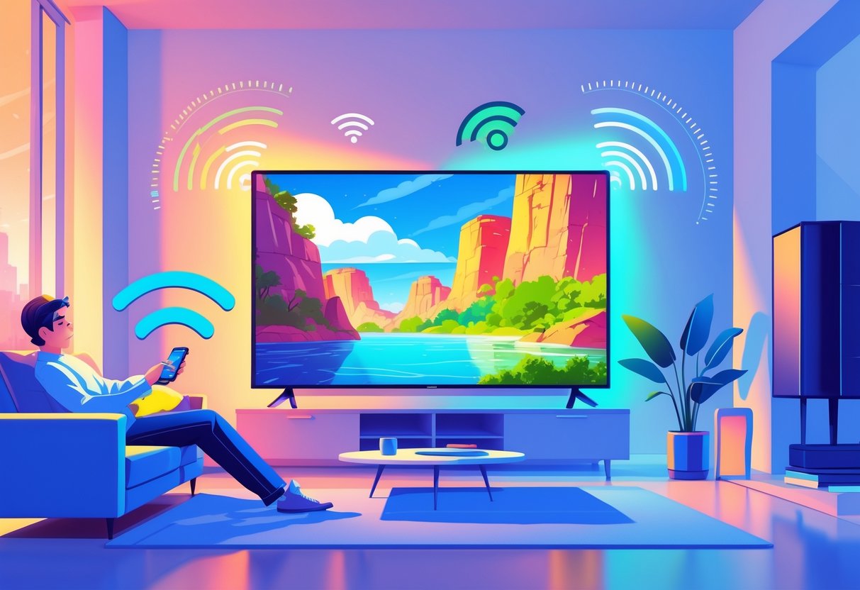 A person sitting on a sofa in a living room watching TV with symbols representing fast and smooth internet streaming.