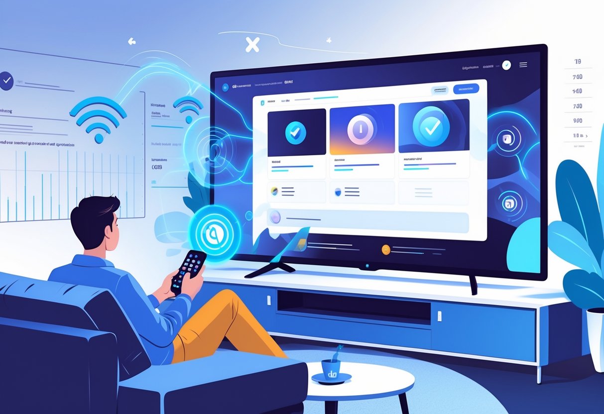 A person sitting on a sofa watching TV with visual symbols of strong Wi-Fi signals and smooth streaming around them.